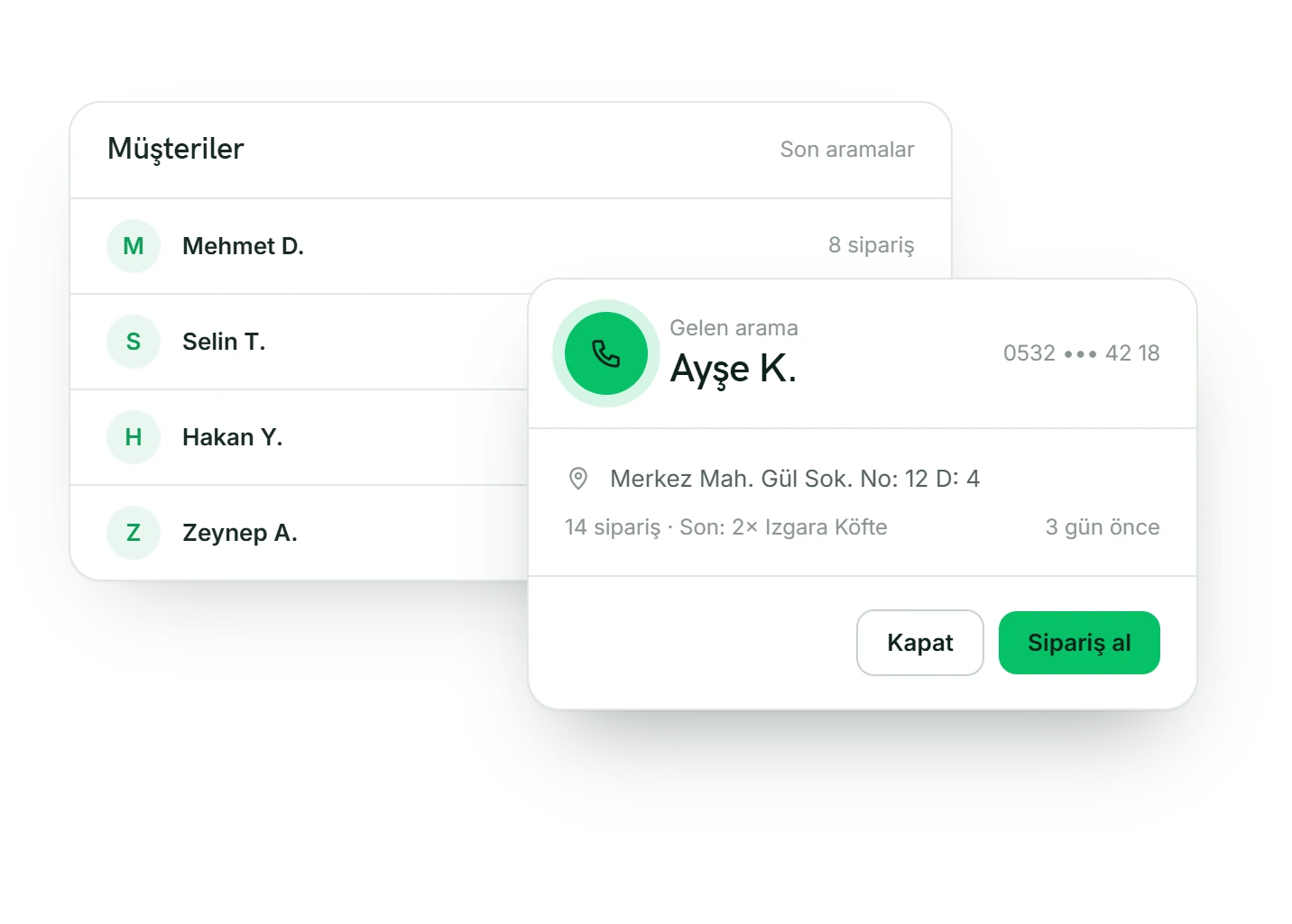 Peaklike Caller ID: gelen aramada müşteri kartı ve telefon siparişi