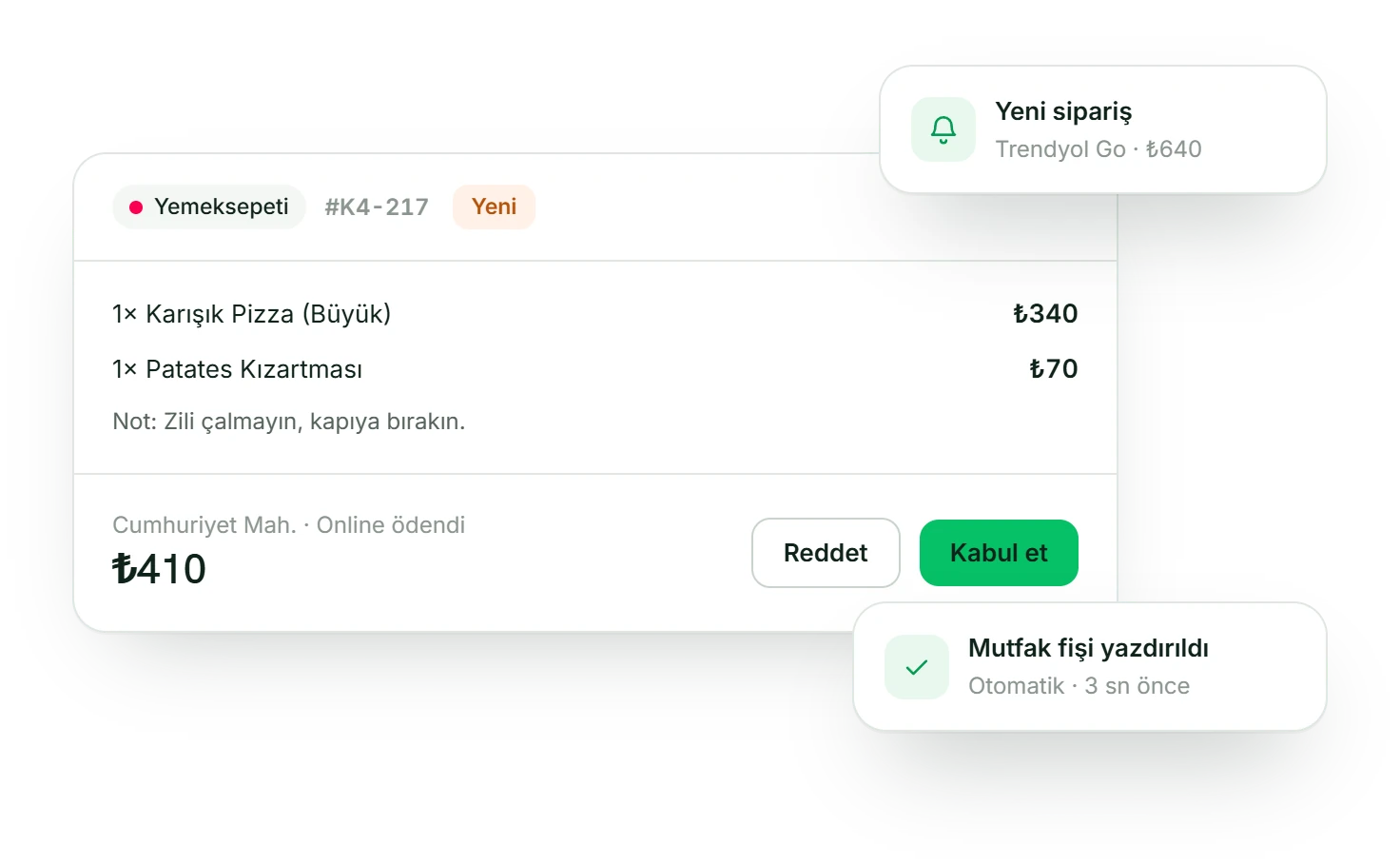Peaklike sipariş ayrıntısı, yeni sipariş bildirimi ve otomatik mutfak fişi